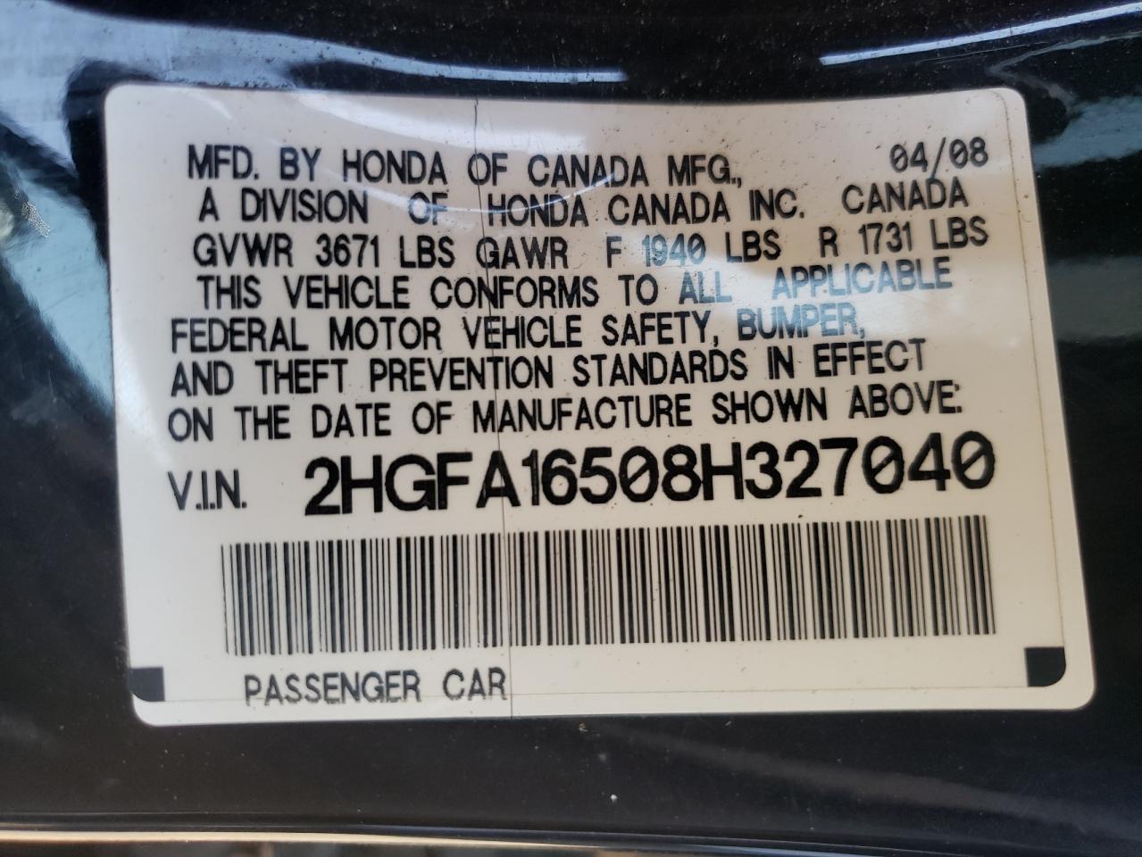 Photo 10 from auction – 2008 HONDA CIVIC LX with VIN 2HGFA16508H327040