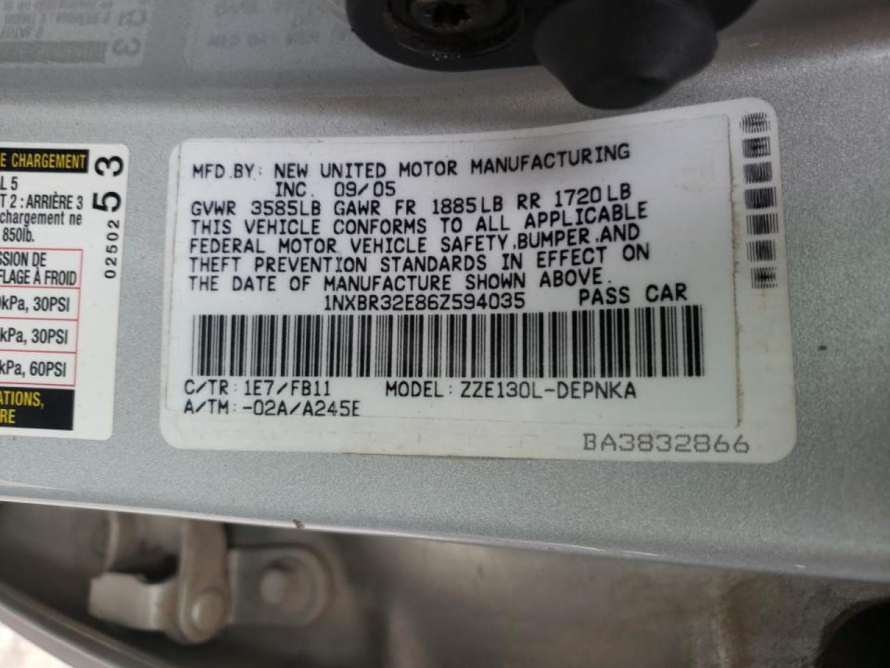 Photo 10 from auction – 2006 TOYOTA COROLLA CE with VIN 1NXBR32E86Z594035