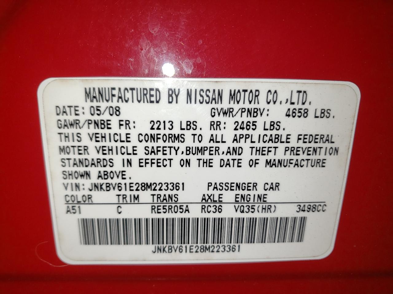 Photo 10 from auction – 2008 INFINITI G35 with VIN JNKBV61E28M223361