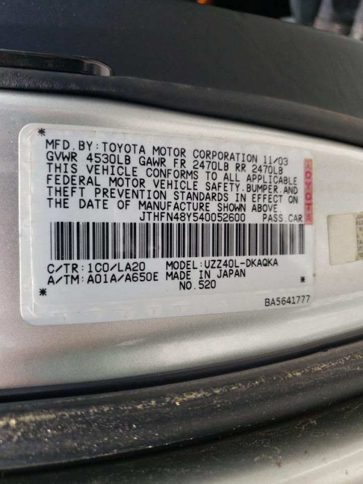 Photo 10 from auction – 2004 LEXUS SC 430 with VIN JTHFN48Y540052600