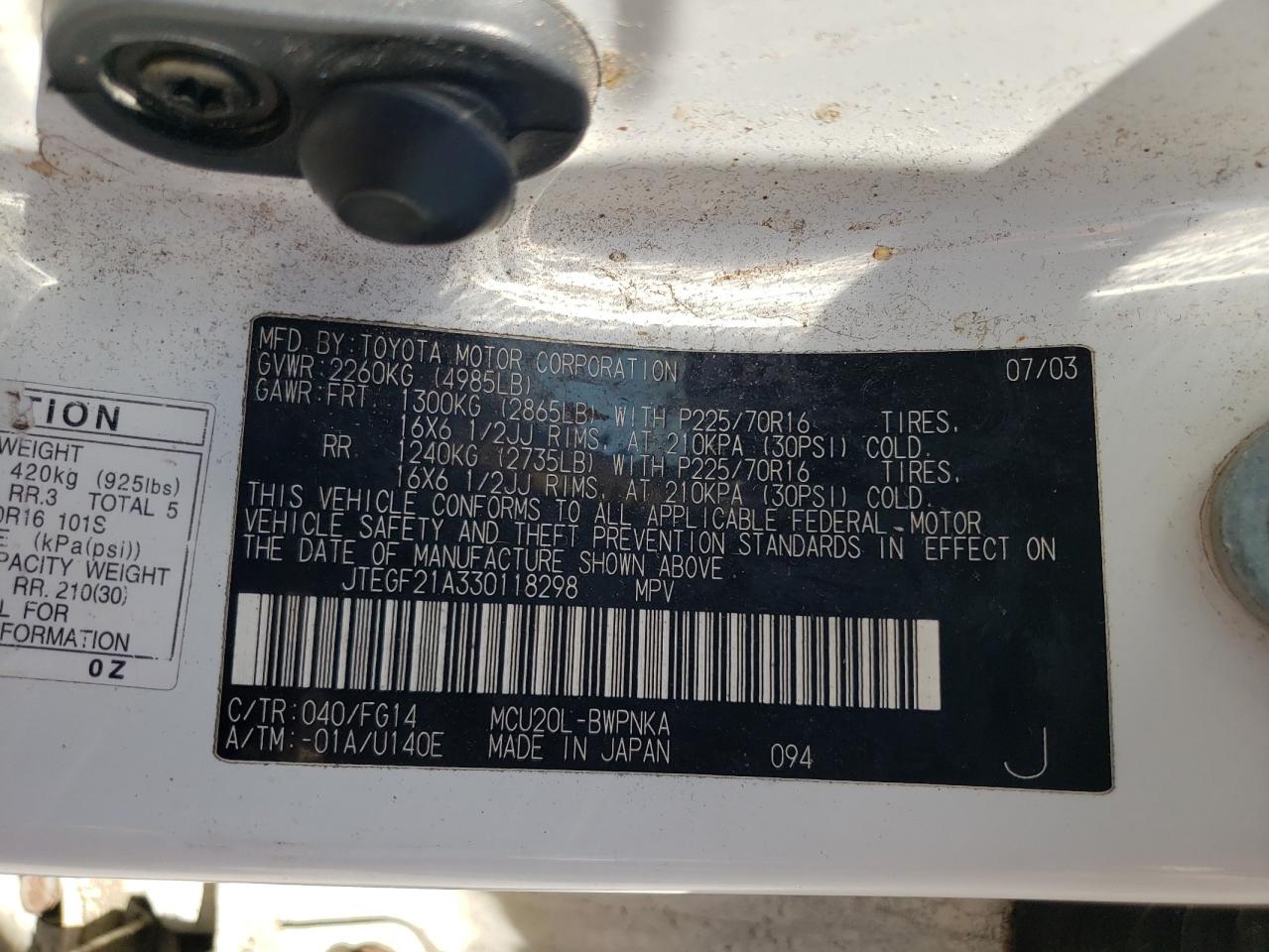 Photo 10 from auction – 2003 TOYOTA HIGHLANDER with VIN JTEGF21A330118298