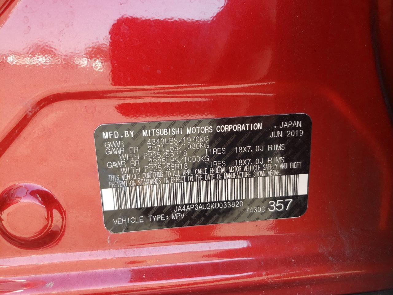 Photo 10 from auction – 2019 MITSUBISHI OUTLANDER with VIN JA4AP3AU2KU033820