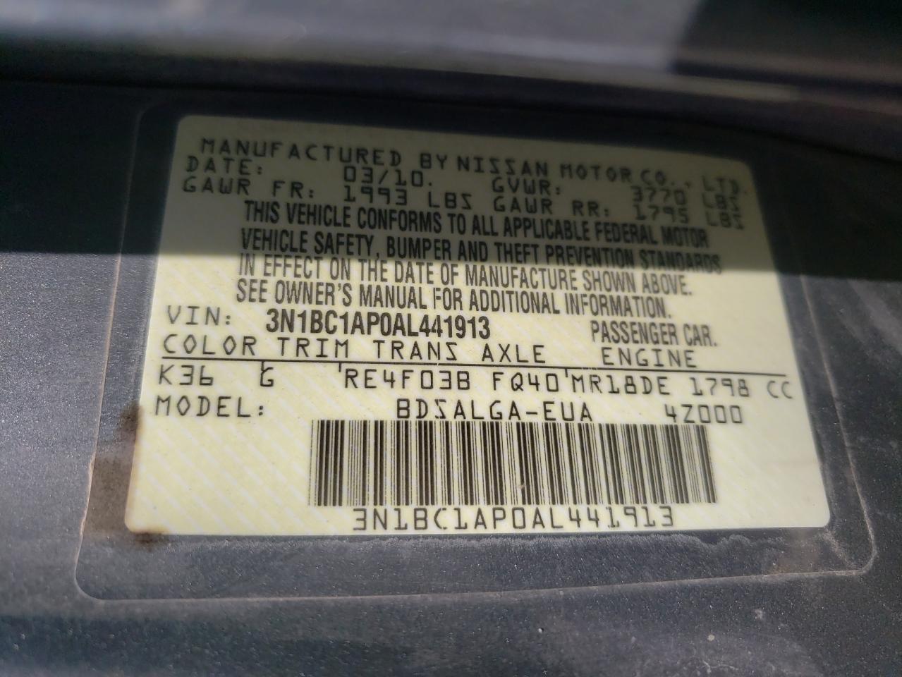 Photo 10 from auction – 2010 NISSAN VERSA S with VIN 3N1BC1AP0AL441913