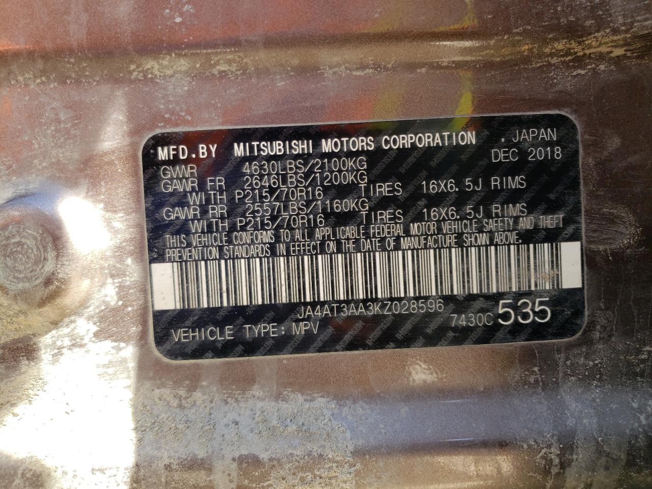 Photo 10 from auction – 2019 MITSUBISHI ECLIPSE CR with VIN JA4AT3AA3KZ028596