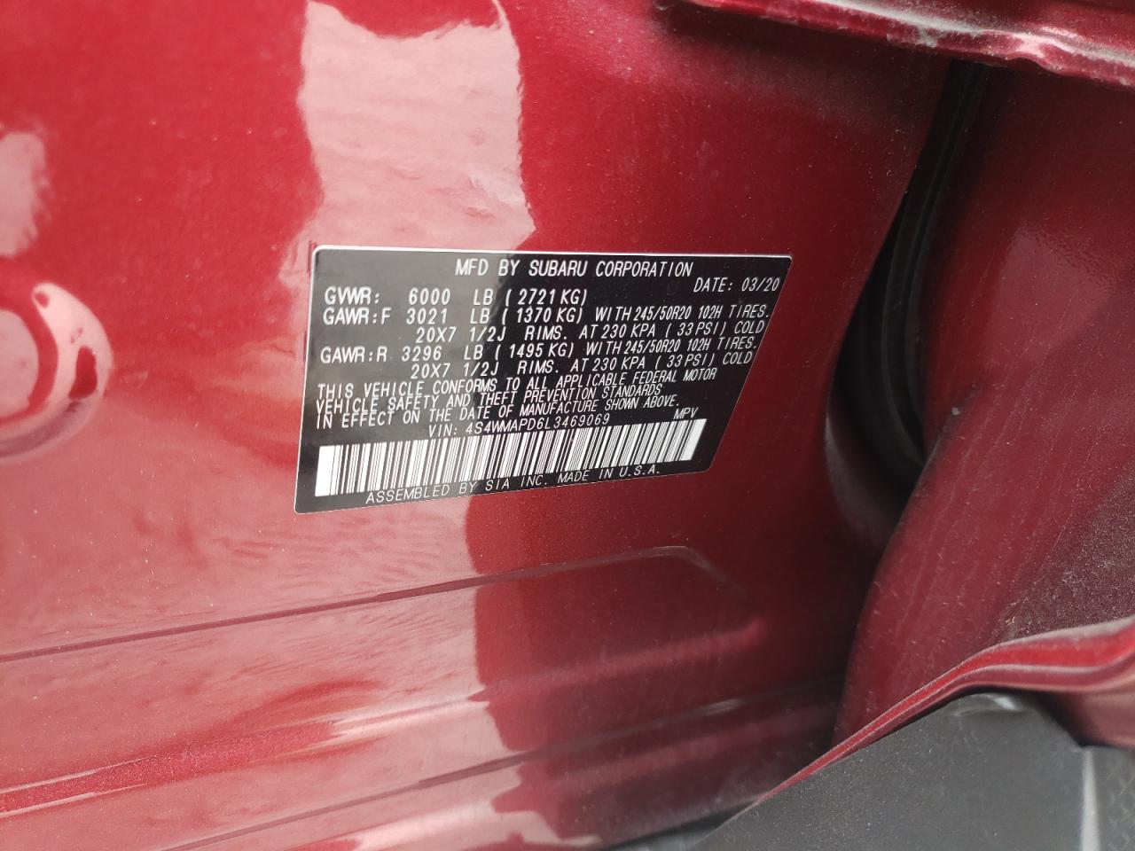 Photo 10 from auction – 2020 SUBARU ASCENT LIM with VIN 4S4WMAPD6L3469069
