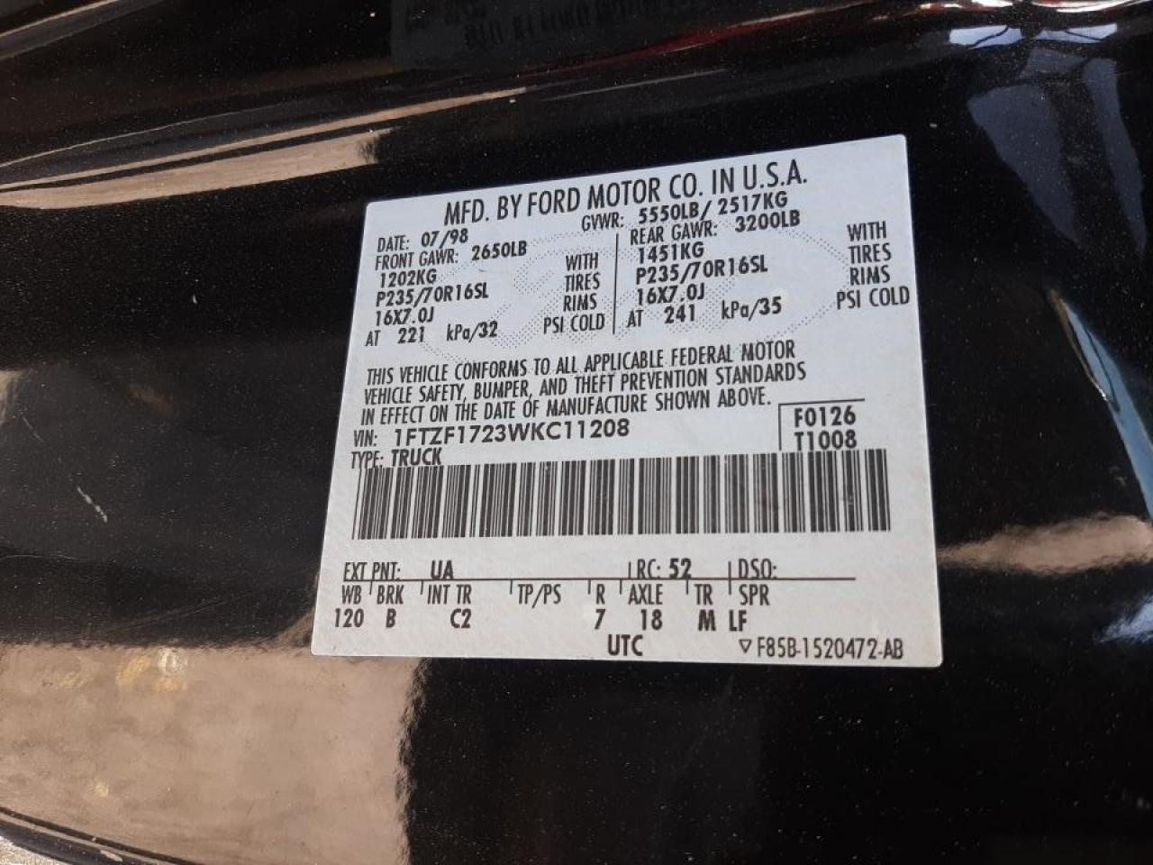 Photo 10 from auction – 1998 FORD F150 with VIN 1FTZF1723WKC11208