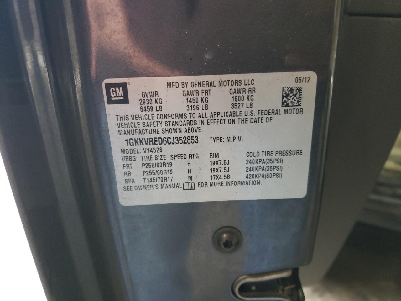 Zdjęcie 10 z aukcji – 2012 GMC ACADIA SLT z VIN 1GKKVRED6CJ352853