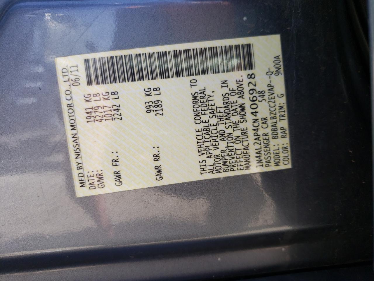 صورة رقم 10 من المزاد - 2012 NISSAN ALTIMA BAS مع VIN 1N4AL2AP4CN406928