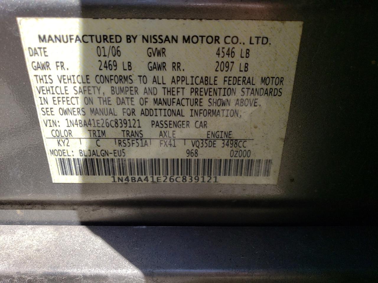 Photo 10 from auction – 2006 NISSAN MAXIMA SE with VIN 1N4BA41E26C839121