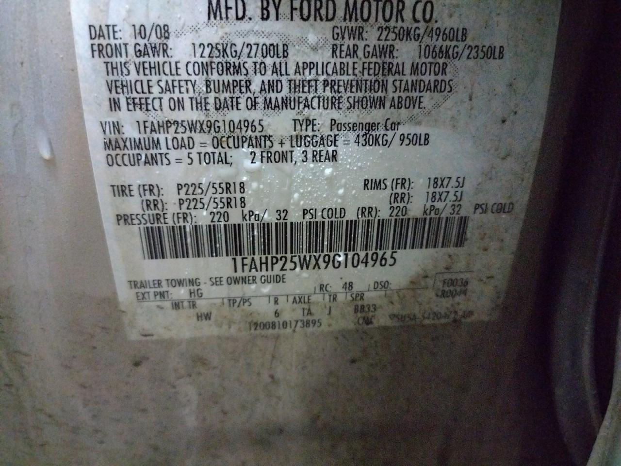 Photo 10 from auction – 2009 FORD TAURUS LIM with VIN 1FAHP25WX9G104965