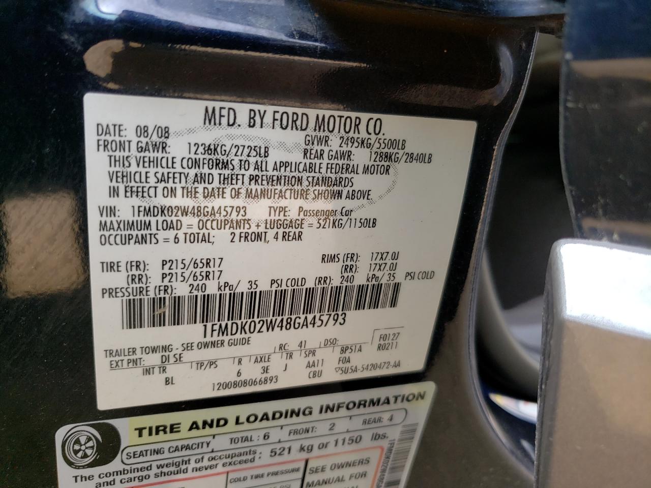 Photo 10 from auction – 2008 FORD TAURUS X S with VIN 1FMDK02W48GA45793