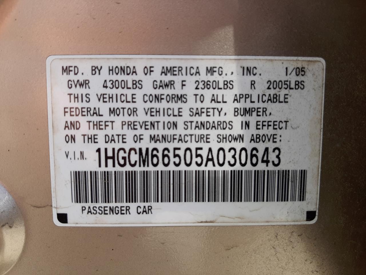 Photo 10 from auction – 2005 HONDA ACCORD EX with VIN 1HGCM66505A030643