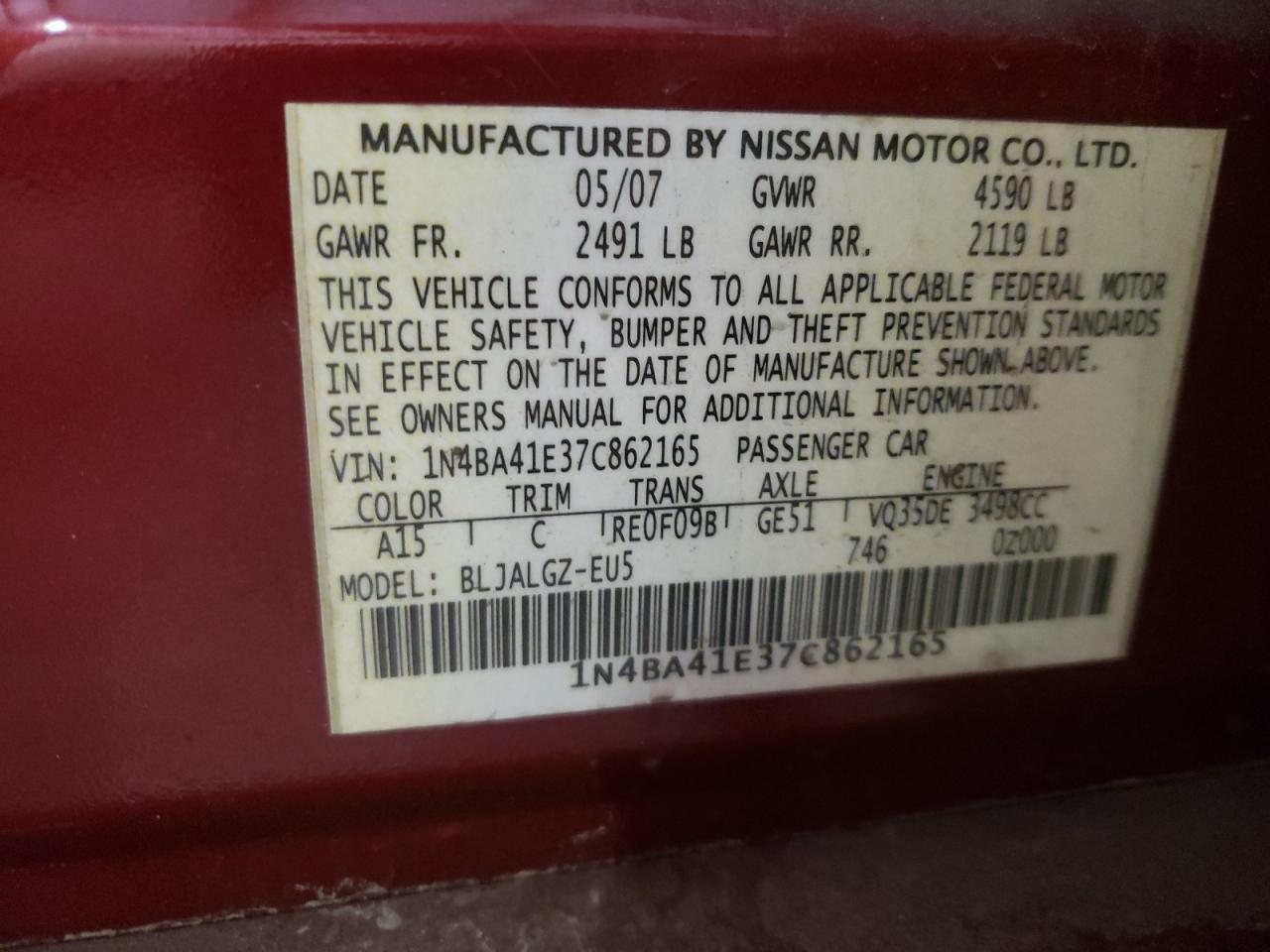 Photo 10 from auction – 2007 NISSAN MAXIMA SE with VIN 1N4BA41E37C862165