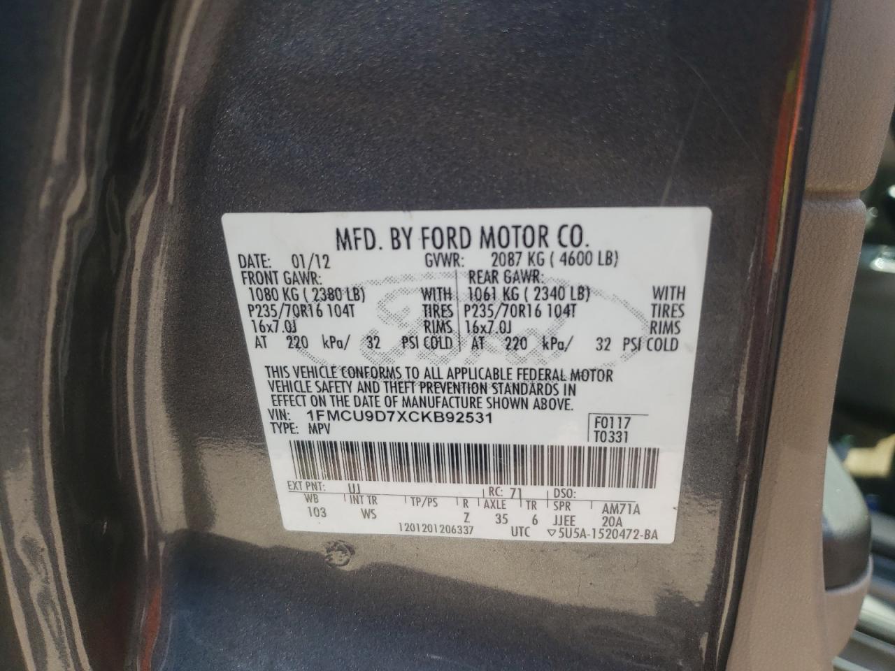 Photo 10 from auction – 2012 FORD ESCAPE XLT with VIN 1FMCU9D7XCKB92531