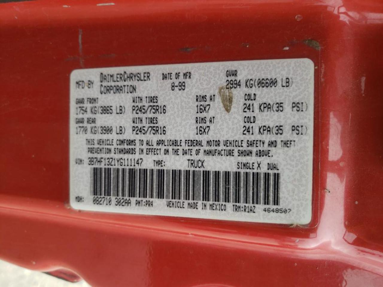 Photo 10 from auction – 2000 DODGE RAM 1500 with VIN 3B7HF13Z1YG111147