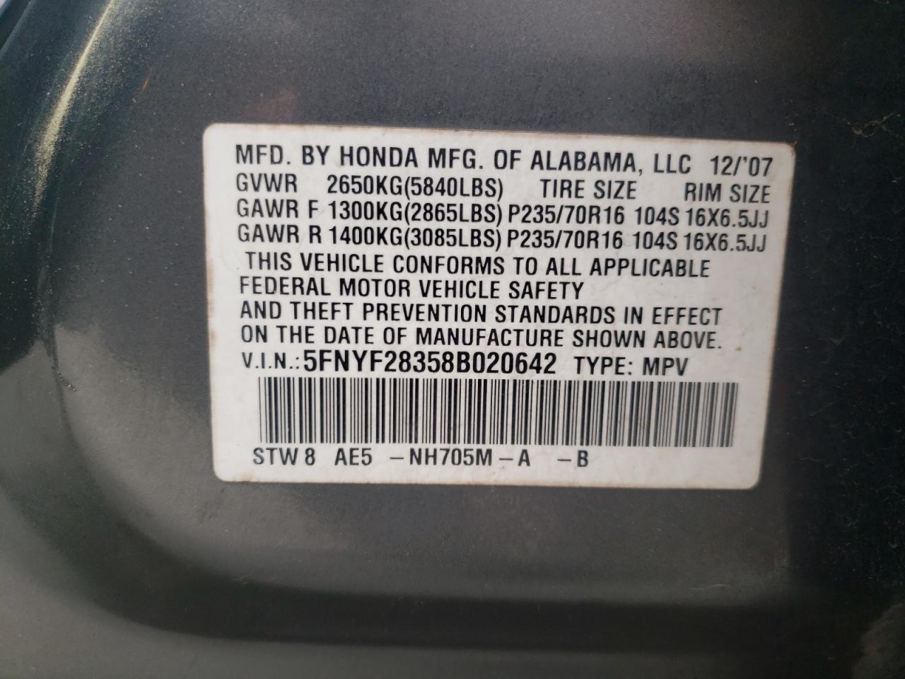 Photo 10 from auction – 2008 HONDA PILOT SE with VIN 5FNYF28358B020642