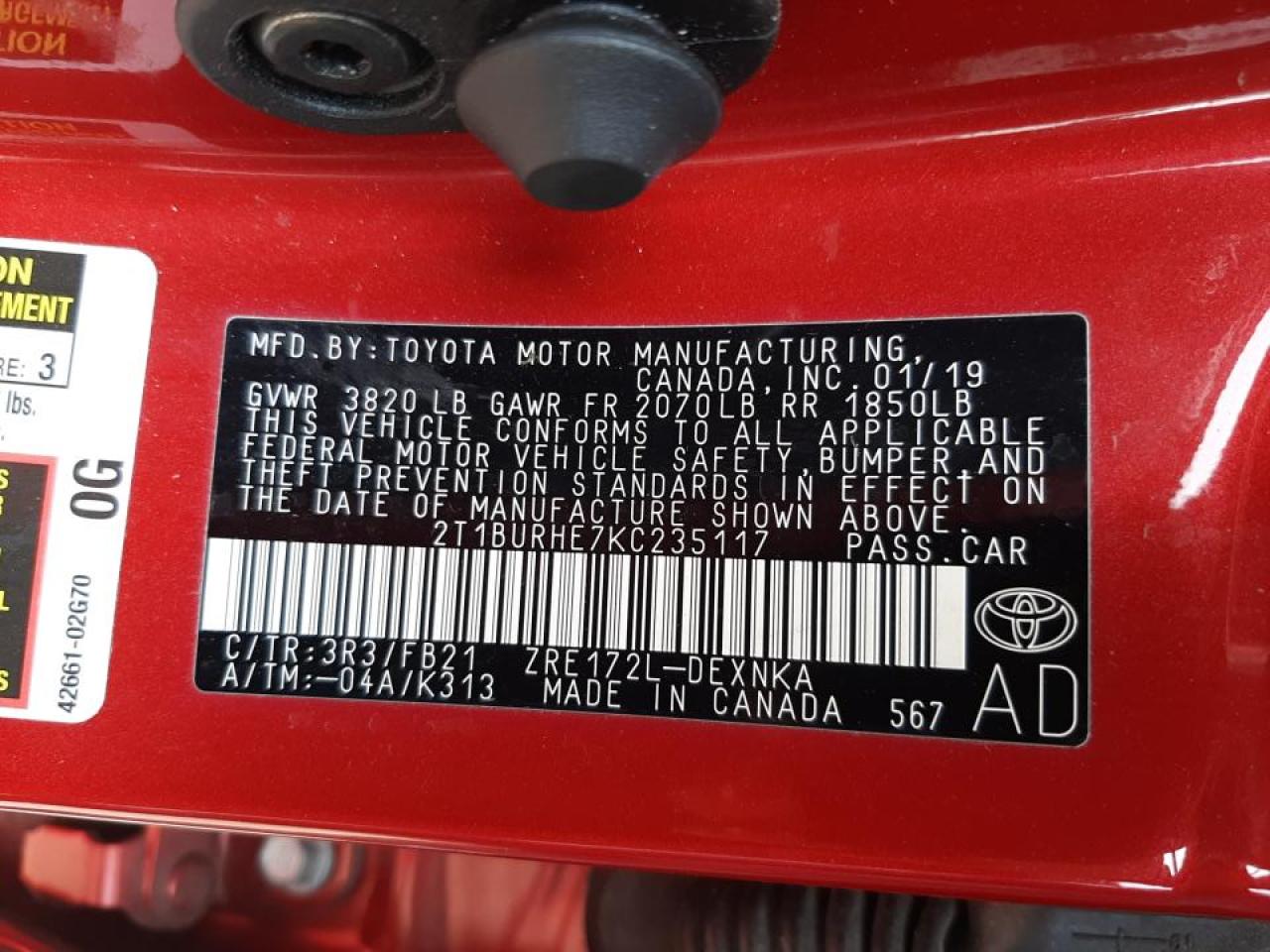 Photo 10 from auction – 2019 TOYOTA COROLLA L with VIN 2T1BURHE7KC235117