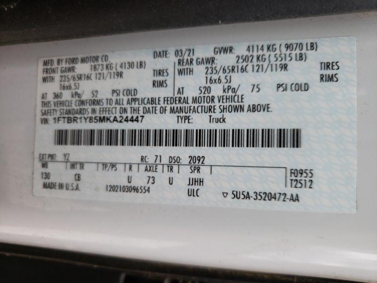 Photo 10 from auction – 2021 FORD TRANSIT T- with VIN 1FTBR1Y85MKA24447