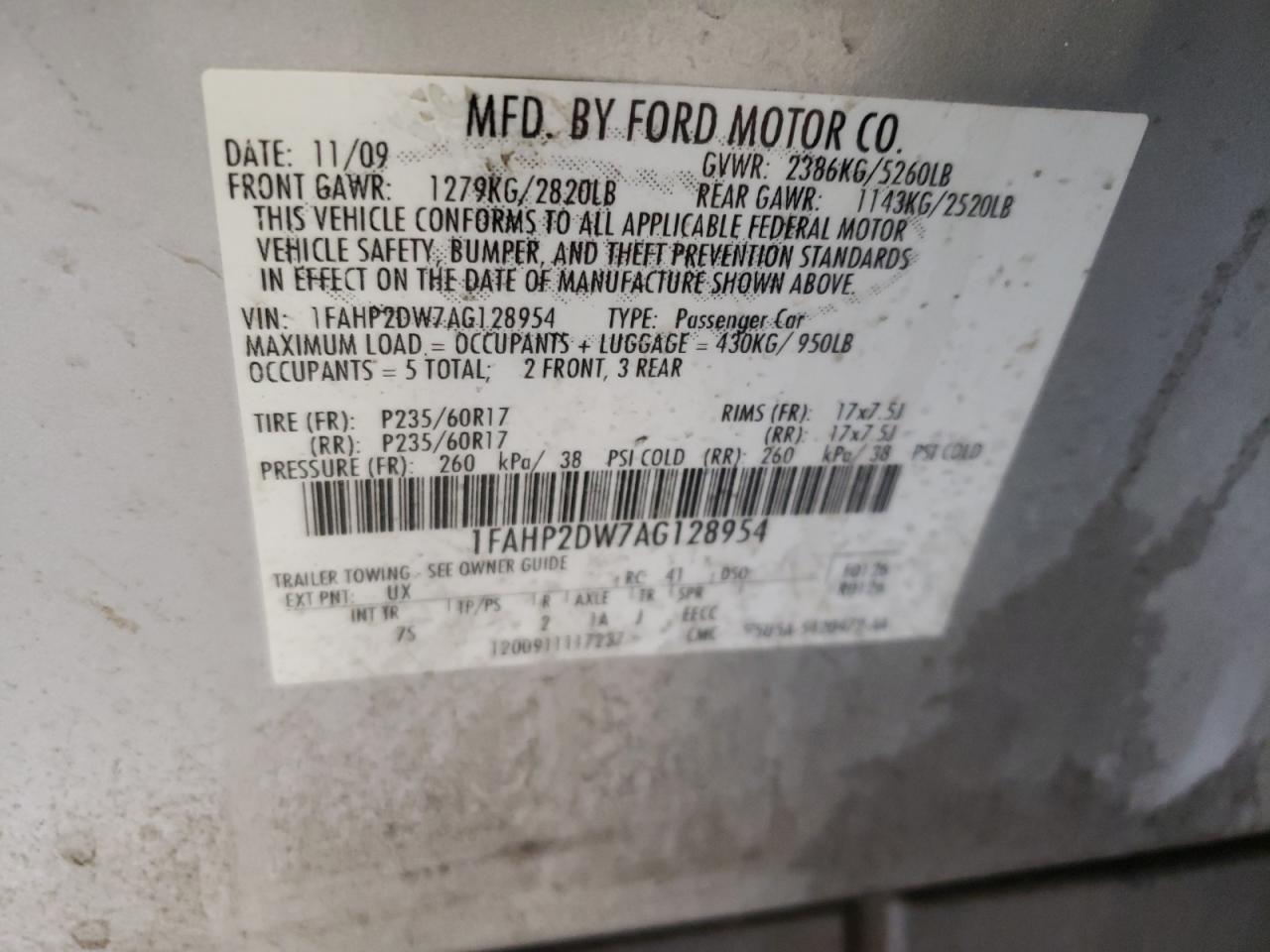 Zdjęcie 10 z aukcji – 2010 FORD TAURUS SE z VIN 1FAHP2DW7AG128954