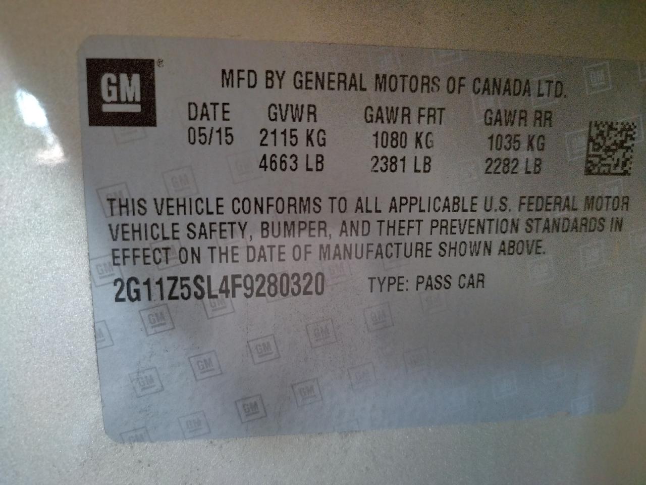 Photo 10 from auction – 2015 CHEVROLET IMPALA LS with VIN 2G11Z5SL4F9280320