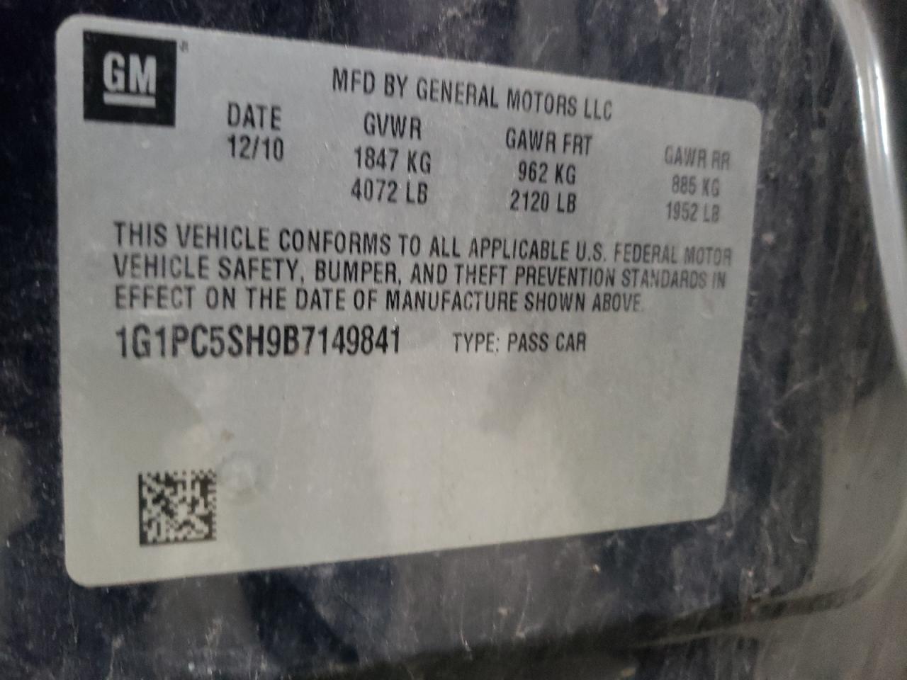 Photo 10 from auction – 2011 CHEVROLET CRUZE LS with VIN 1G1PC5SH9B7149841