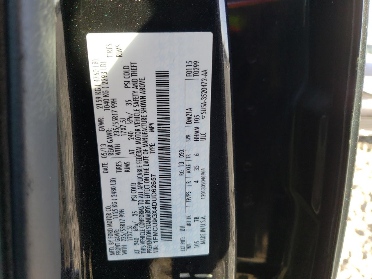 Photo 10 from auction – 2013 FORD ESCAPE SE with VIN 1FMCU9GX4DUD62657