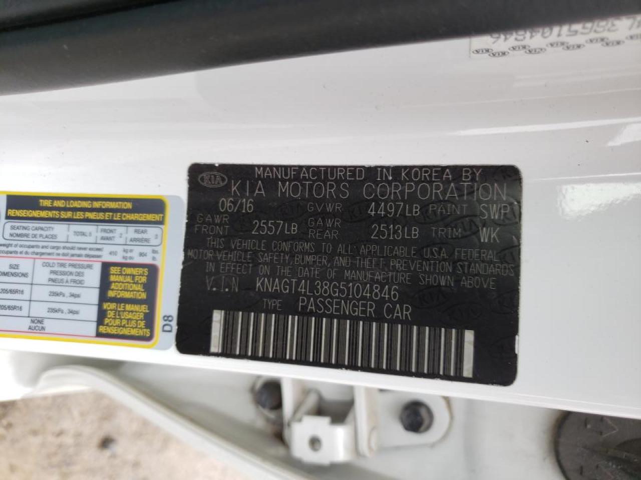 Photo 10 from auction – 2016 KIA OPTIMA LX with VIN KNAGT4L38G5104846