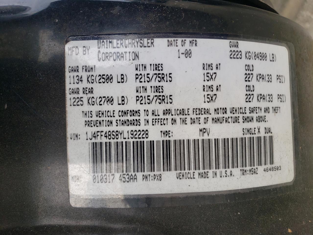 Photo 10 from auction – 2000 JEEP CHEROKEE S with VIN 1J4FF48S8YL192228