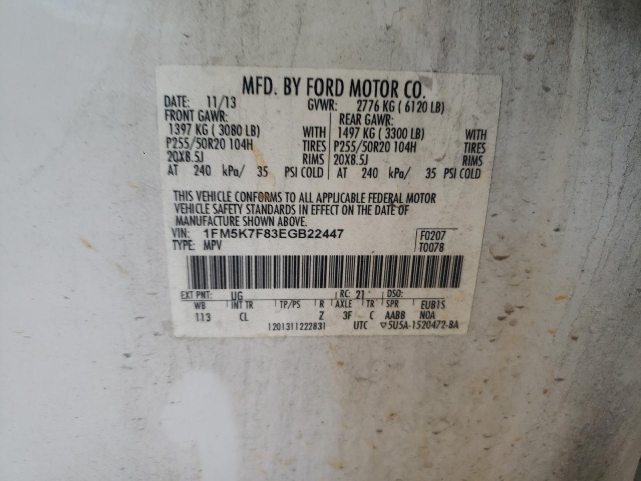 Photo 10 from auction – 2014 FORD EXPLORER L with VIN 1FM5K7F83EGB22447