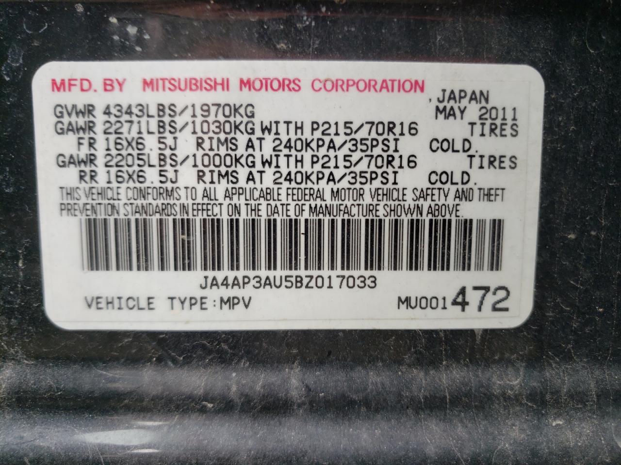 Photo 10 from auction – 2011 MITSUBISHI OUTLANDER with VIN JA4AP3AU5BZ017033