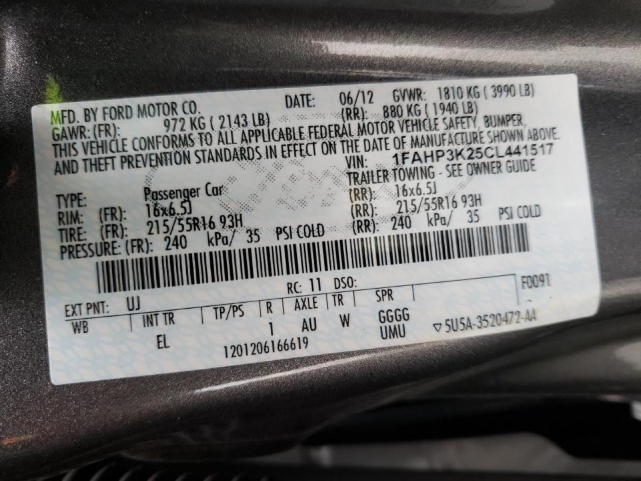 Photo 10 from auction – 2012 FORD FOCUS SE with VIN 1FAHP3K25CL441517