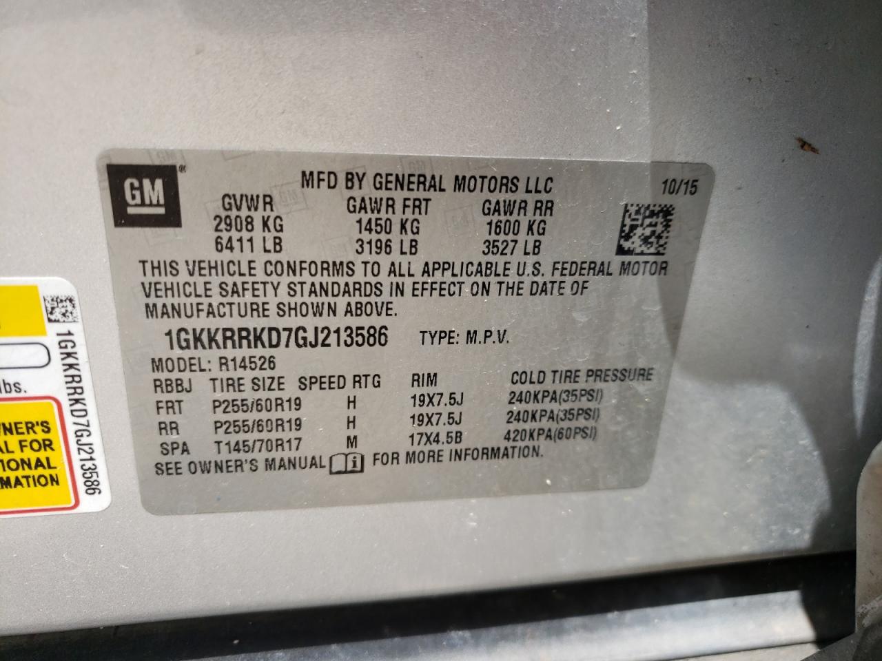 Photo 10 from auction – 2016 GMC ACADIA SLT with VIN 1GKKRRKD7GJ213586