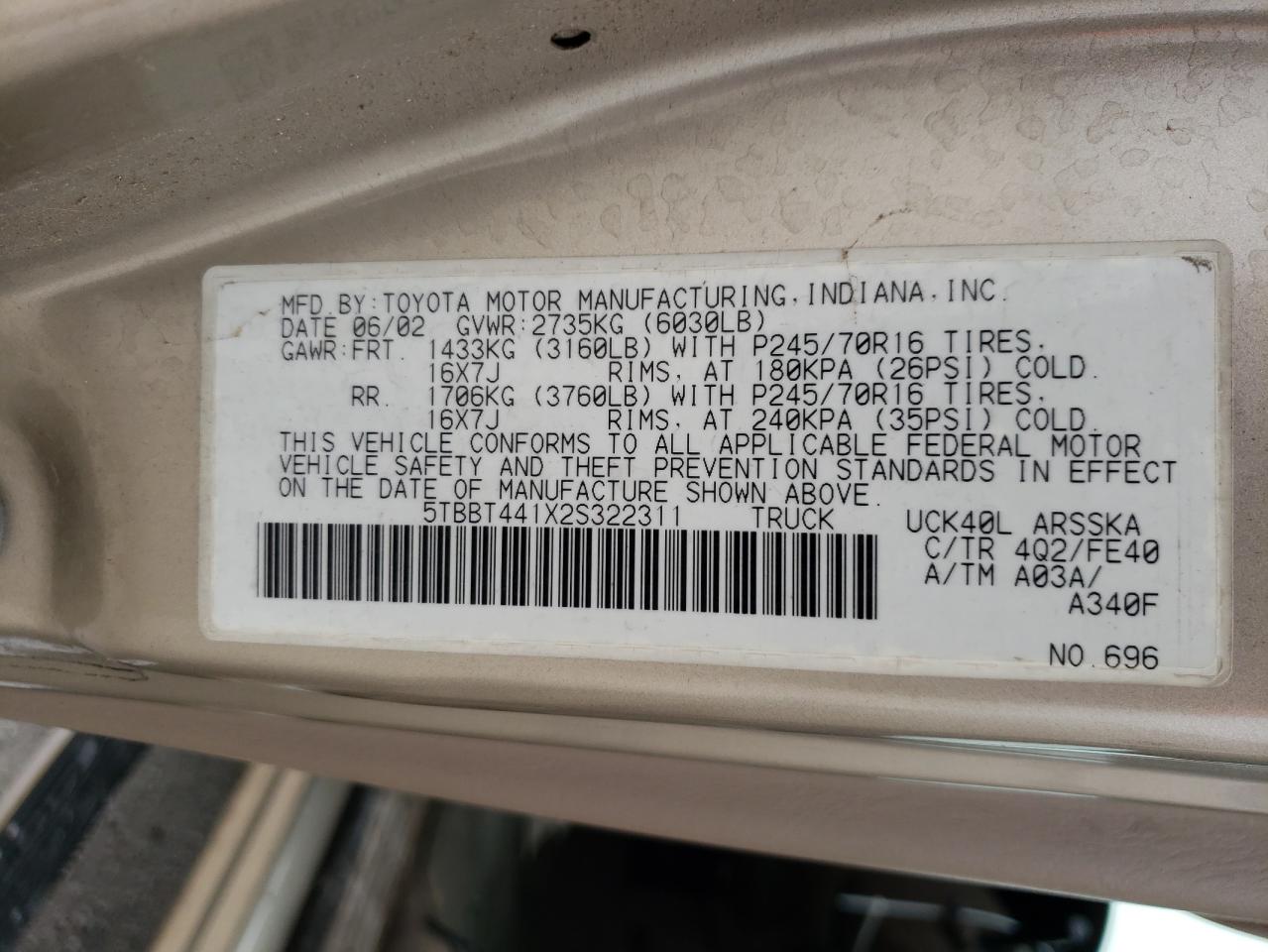 Photo 10 from auction – 2002 TOYOTA TUNDRA ACC with VIN 5TBBT441X2S322311