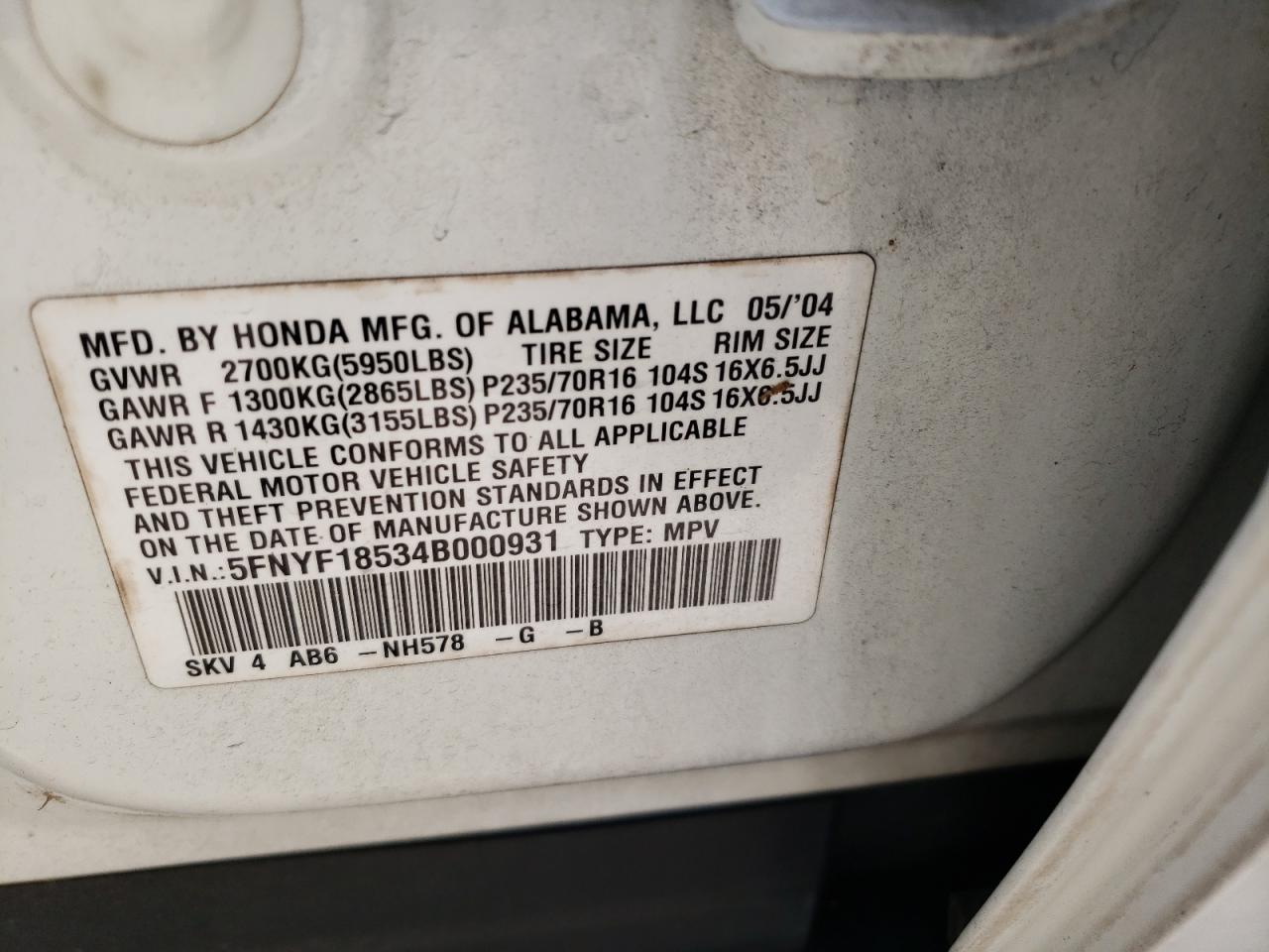 Photo 10 from auction – 2004 HONDA PILOT EXL with VIN 5FNYF18534B000931