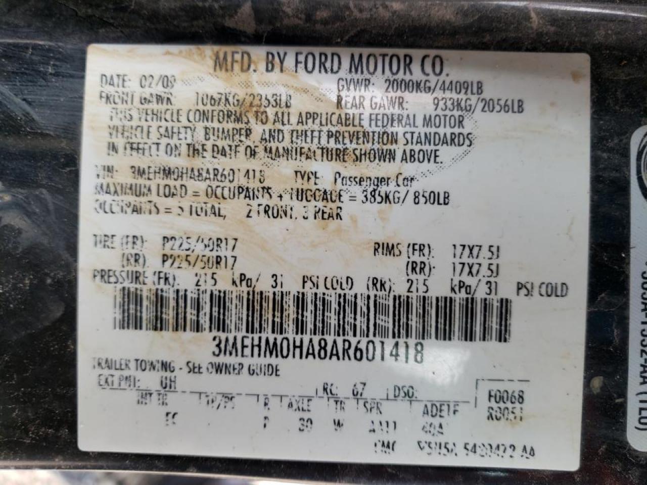 Photo 10 from auction – 2010 MERCURY MILAN with VIN 3MEHM0HA8AR601418