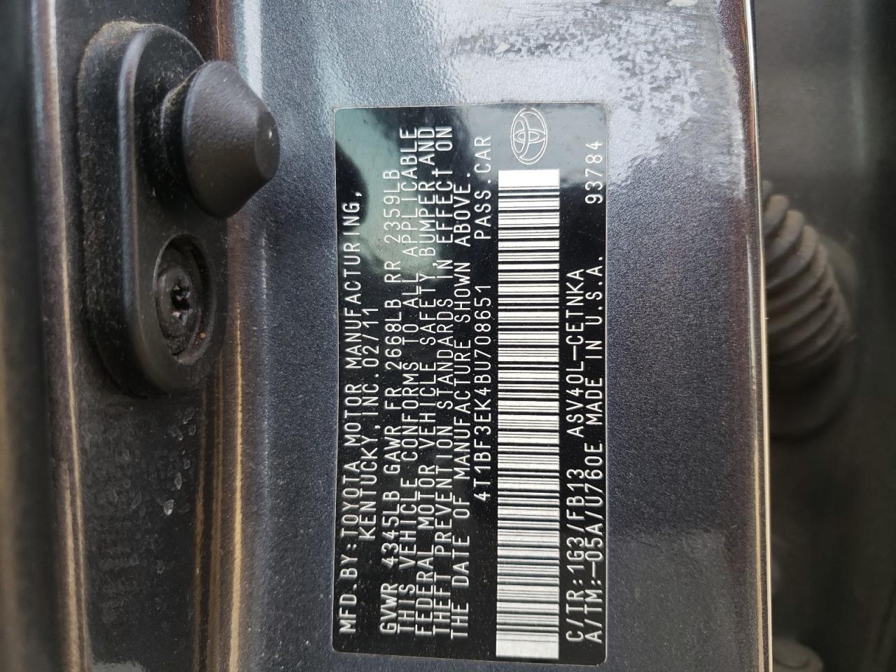 Photo 10 from auction – 2011 TOYOTA CAMRY BASE with VIN 4T1BF3EK4BU708651