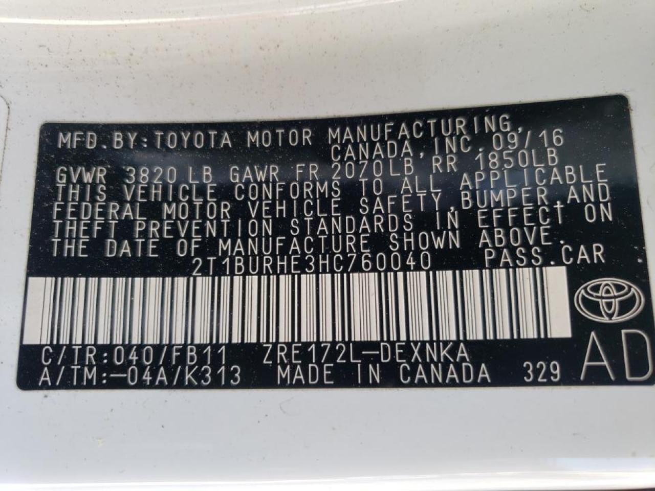 Photo 10 from auction – 2017 TOYOTA COROLLA L with VIN 2T1BURHE3HC760040