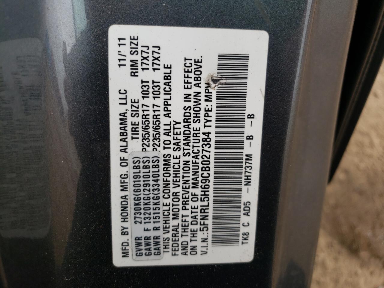 Photo 10 from auction – 2012 HONDA ODYSSEY EX with VIN 5FNRL5H69CB027384