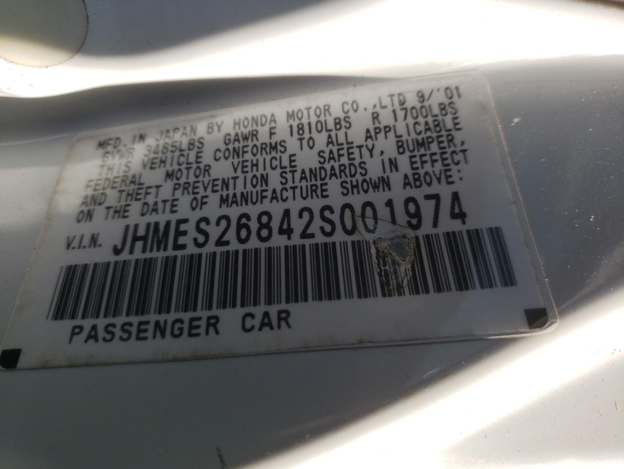 Photo 10 from auction – 2002 HONDA CIVIC EX with VIN JHMES26842S001974