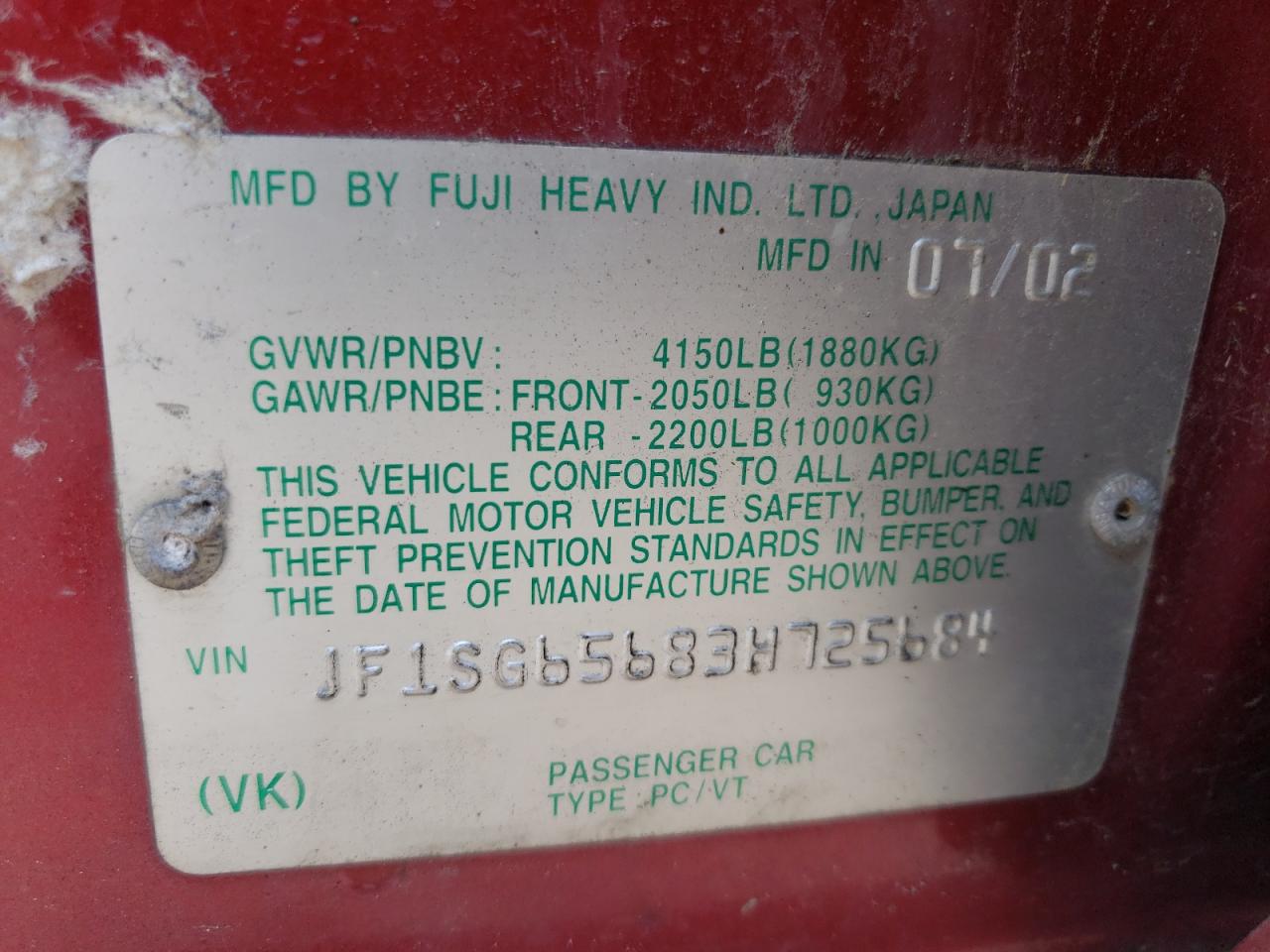 Photo 10 from auction – 2003 SUBARU FORESTER 2 with VIN JF1SG65683H725684