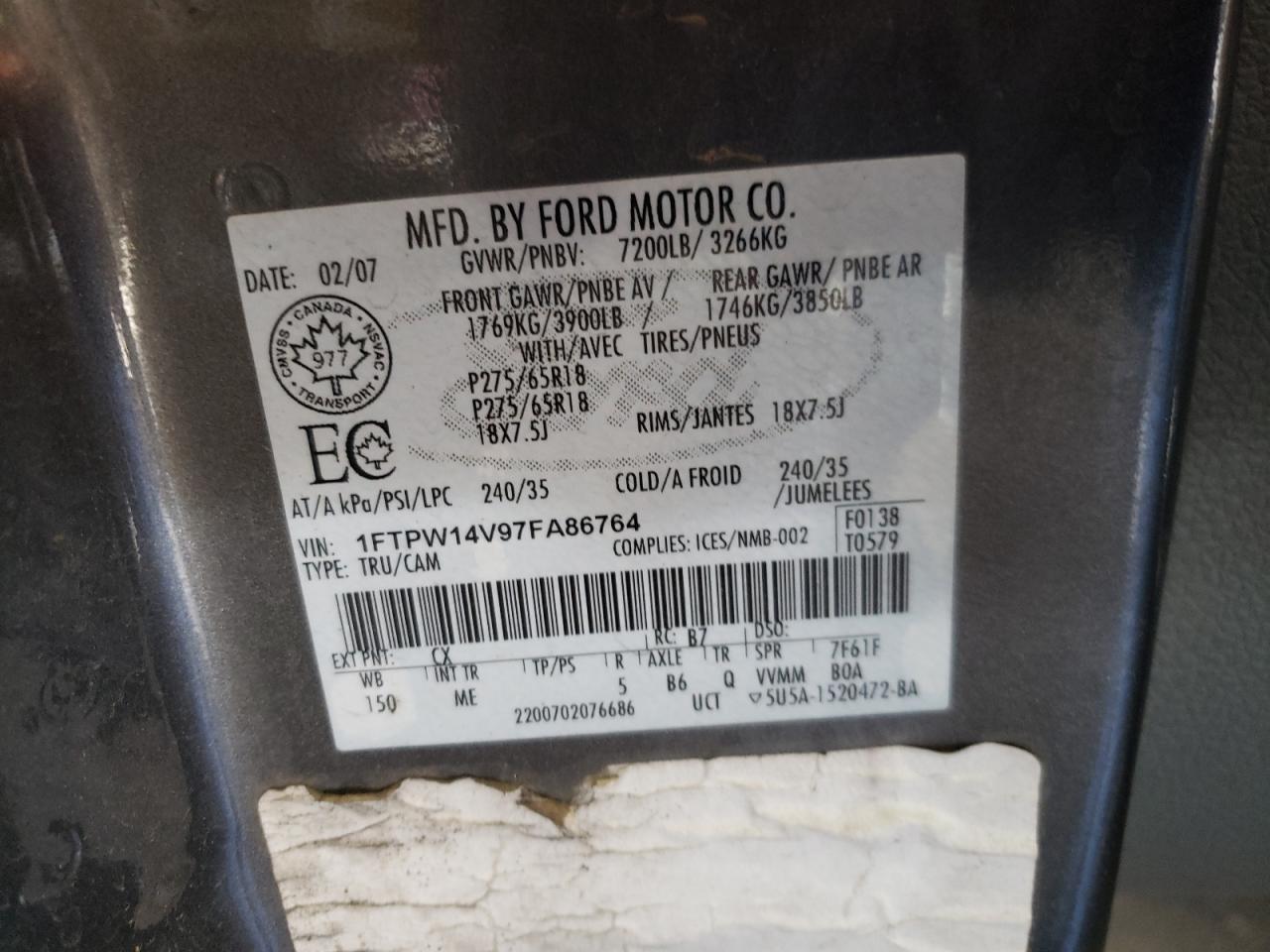 Photo 10 from auction – 2007 FORD F150 SUPER with VIN 1FTPW14V97FA86764