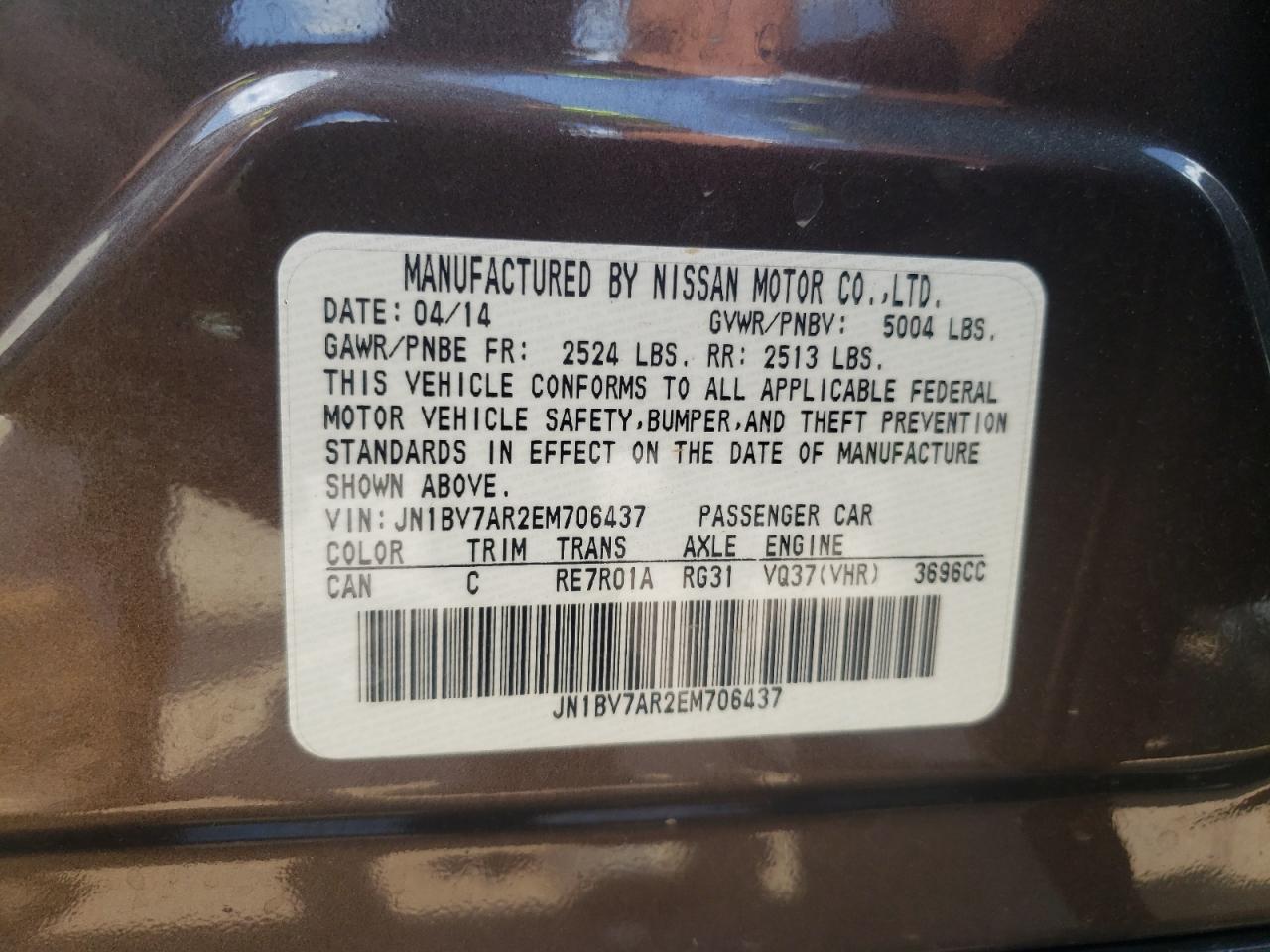 Photo 10 from auction – 2014 INFINITI Q50 BASE with VIN JN1BV7AR2EM706437