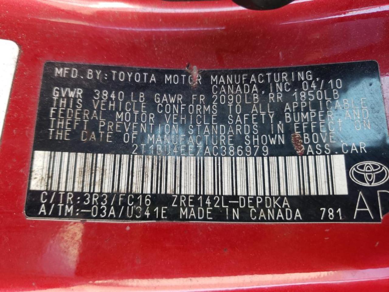 Photo 10 from auction – 2010 TOYOTA COROLLA BA with VIN 2T1BU4EE7AC386979