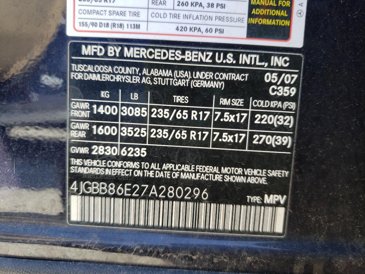 Photo 10 from auction – 2007 MERCEDES-BENZ ML 350 with VIN 4JGBB86E27A280296