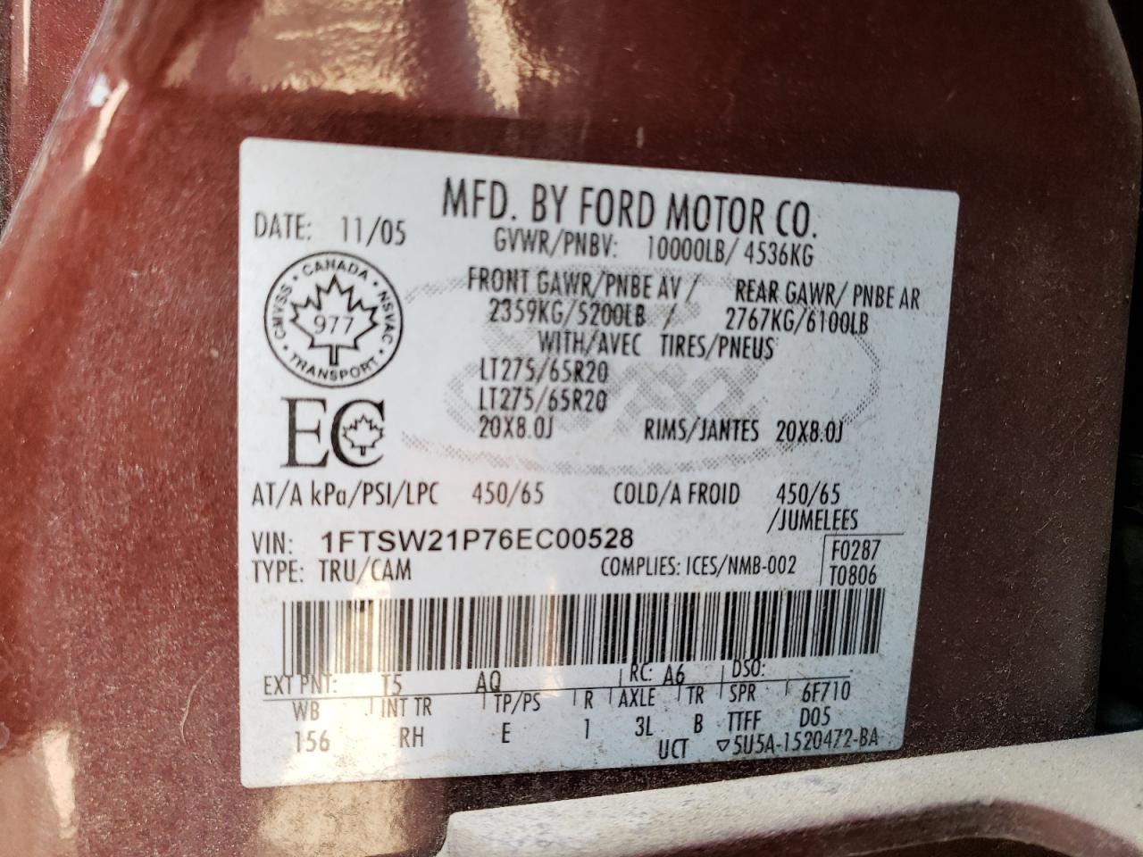 Photo 10 from auction – 2006 FORD F250 SUPER with VIN 1FTSW21P76EC00528