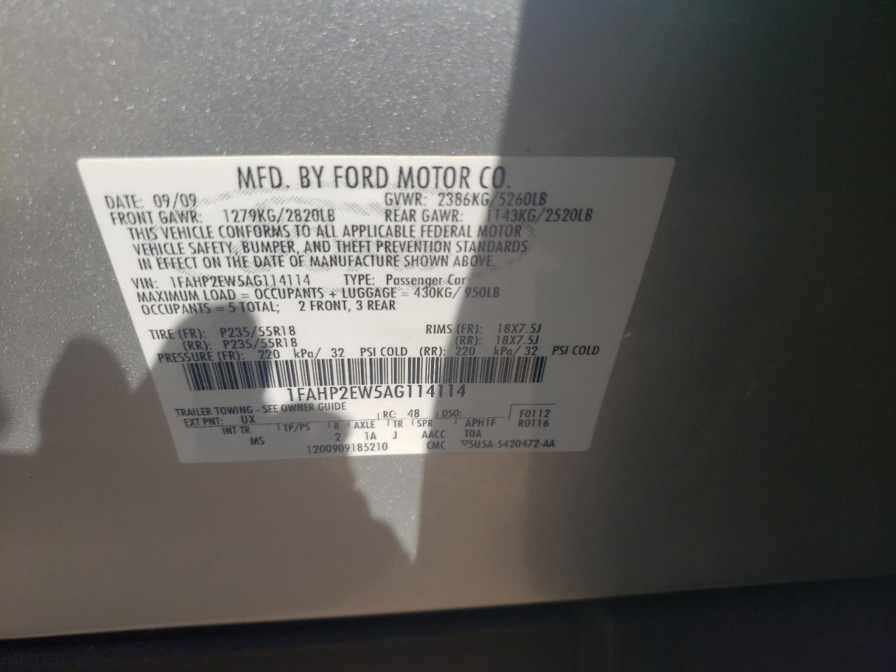 Photo 10 from auction – 2010 FORD TAURUS SEL with VIN 1FAHP2EW5AG114114