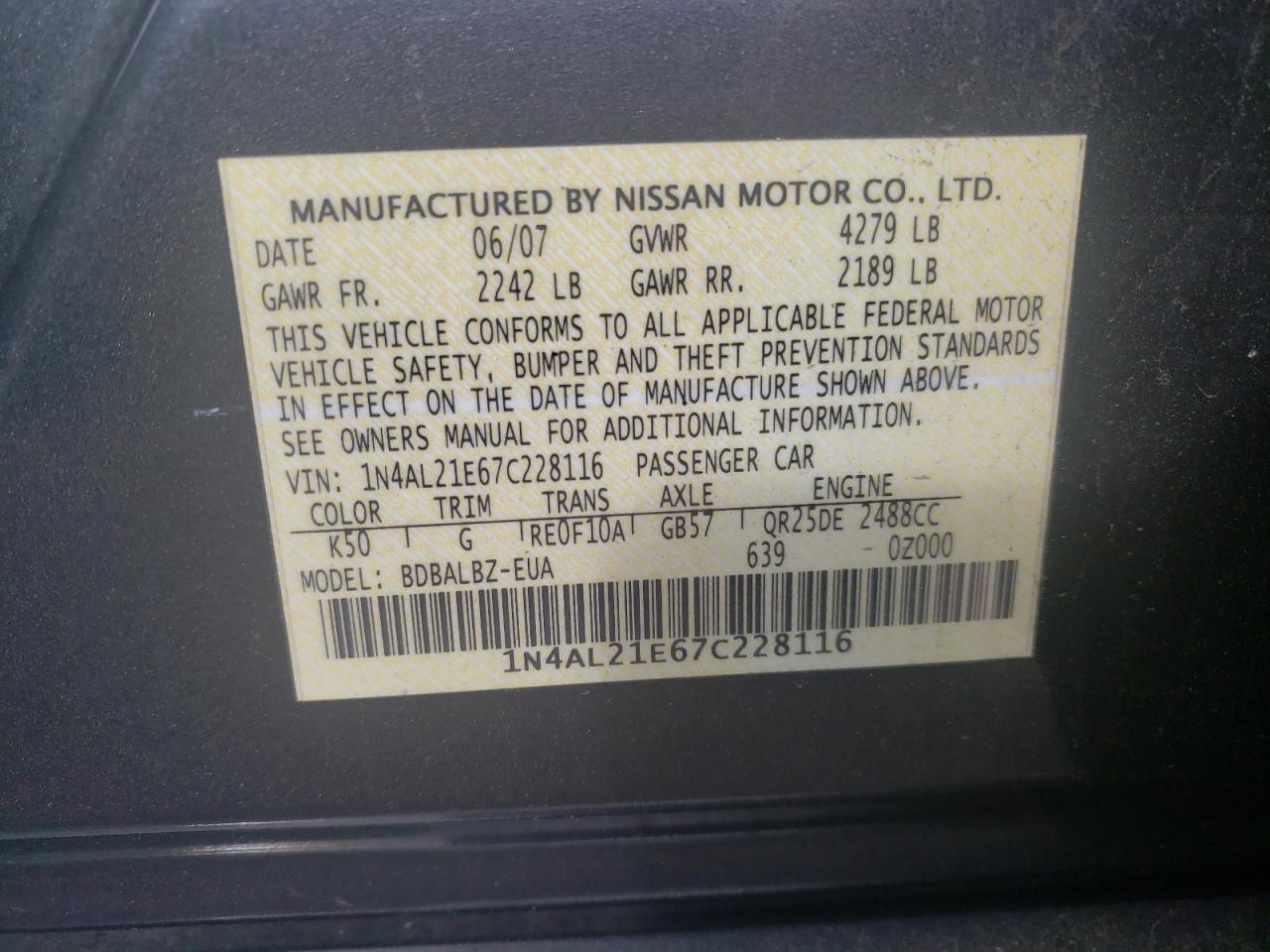 Photo 10 from auction – 2007 NISSAN ALTIMA 2.5 with VIN 1N4AL21E67C228116