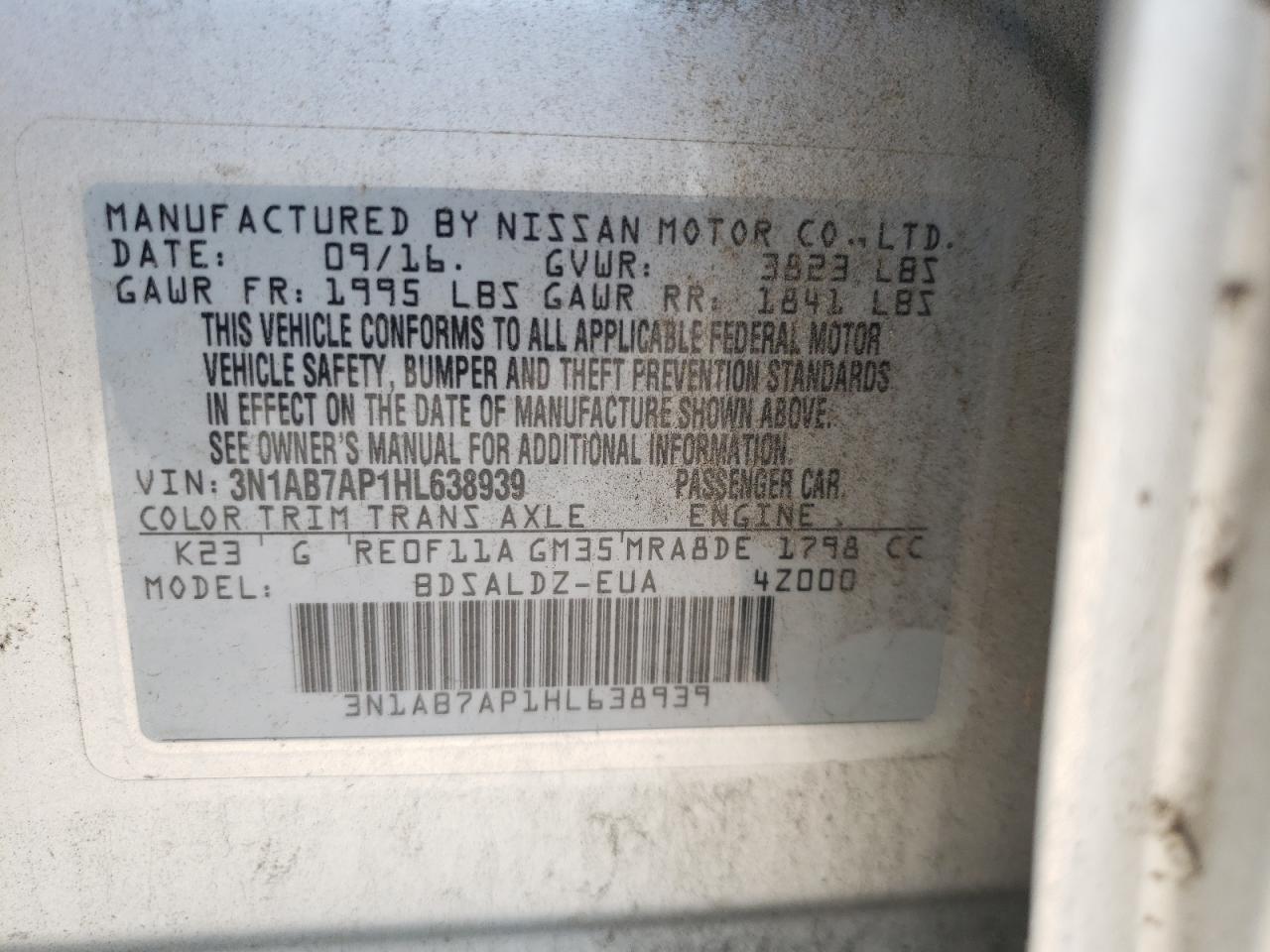 Photo 10 from auction – 2017 NISSAN SENTRA S with VIN 3N1AB7AP1HL638939