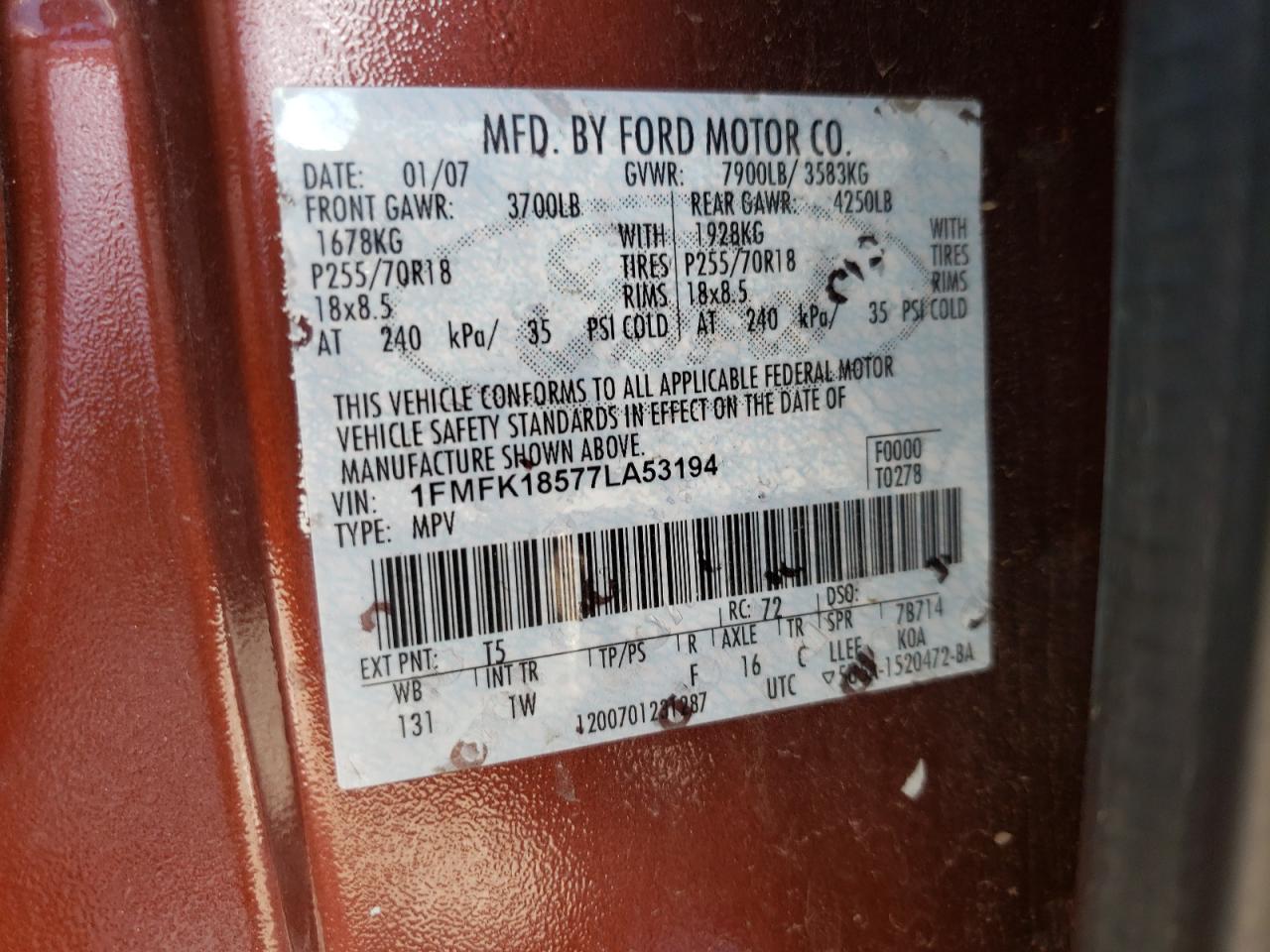 Photo 10 from auction – 2007 FORD EXPEDITION with VIN 1FMFK18577LA53194