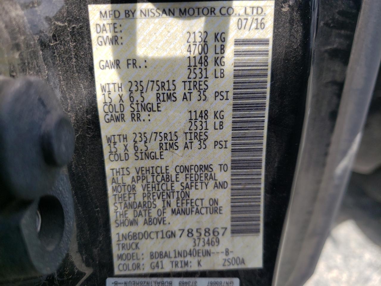 Photo 10 from auction – 2016 NISSAN FRONTIER S with VIN 1N6BD0CT1GN785867